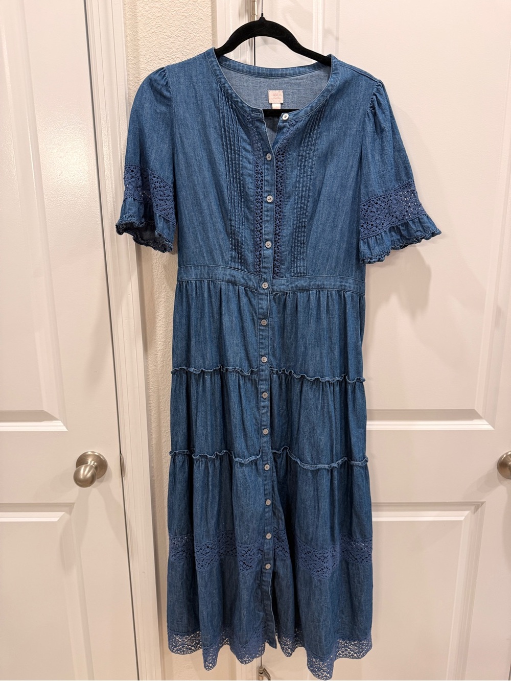 GAP LOVESHACKFANCY Blue Denim Tiered Dark Wash Chambray Midi Dress Womens Size S